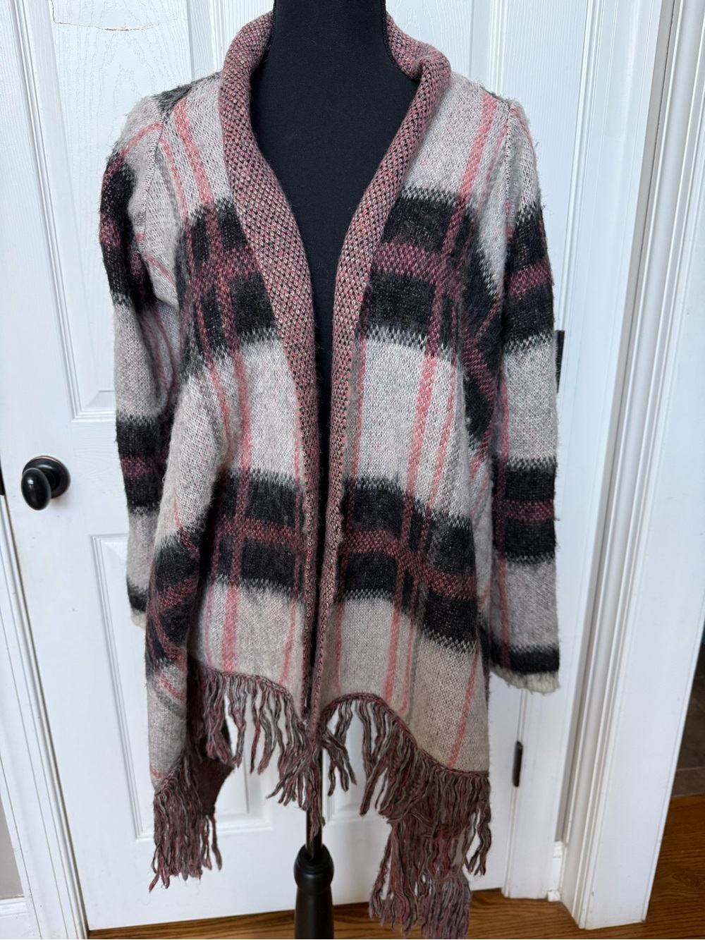 Lucky Brand Pink, Black & Cream Plaid Fringe Open Cardigan